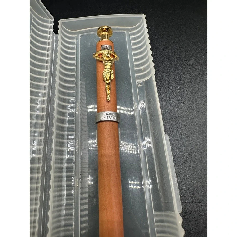 Wood‎ Crucifix Pen Gold Tone Jesus Relief Peace on Earth Boxed Religious INRI